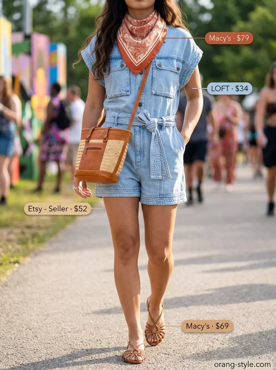 Denim Summer Festival Outfits 2026: Romper Style Denim summer festival outfits for women 2026: Terracotta romper, silk scarf, gold hoops, straw bag, and woven sandals.