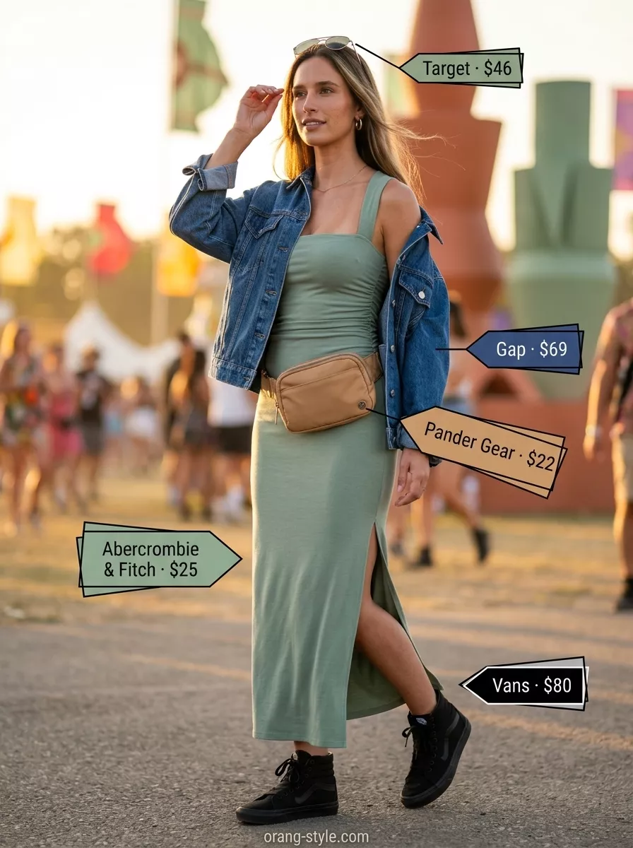 Denim Summer Festival Outfits for Women 2026: Utility Chic Dark wash denim jacket outfit for women 2026: midi tank dress, sneakers, utility belt bag for versatile festivals.