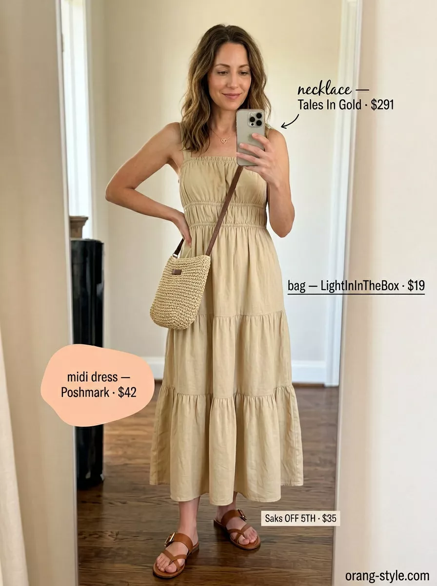 Effortless beige linen midi dress for a relaxed summer dinner outfit 2026. Chic with flat sandals and straw bag.