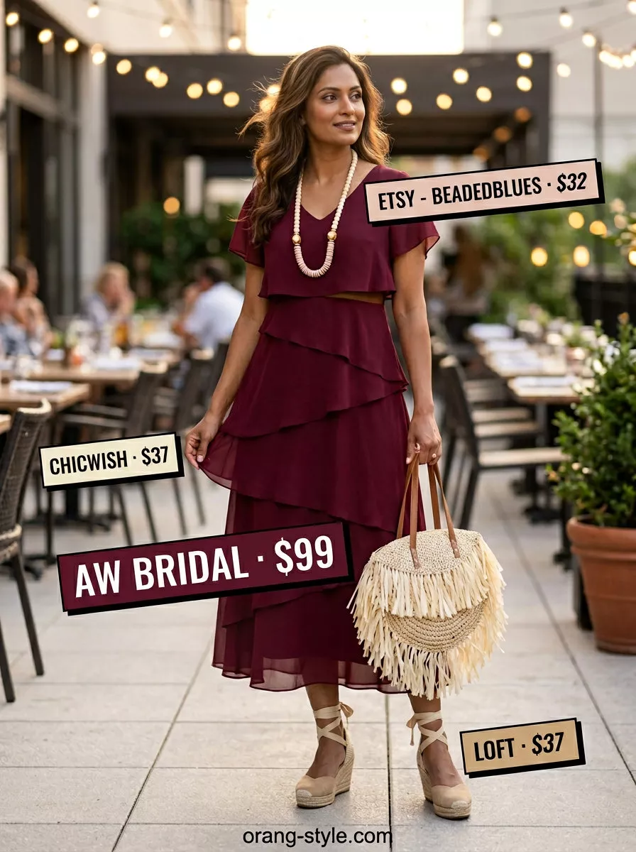 Boho burgundy maxi dress for a casual summer dinner outfit 2026. Style with espadrilles and layered jewelry.
