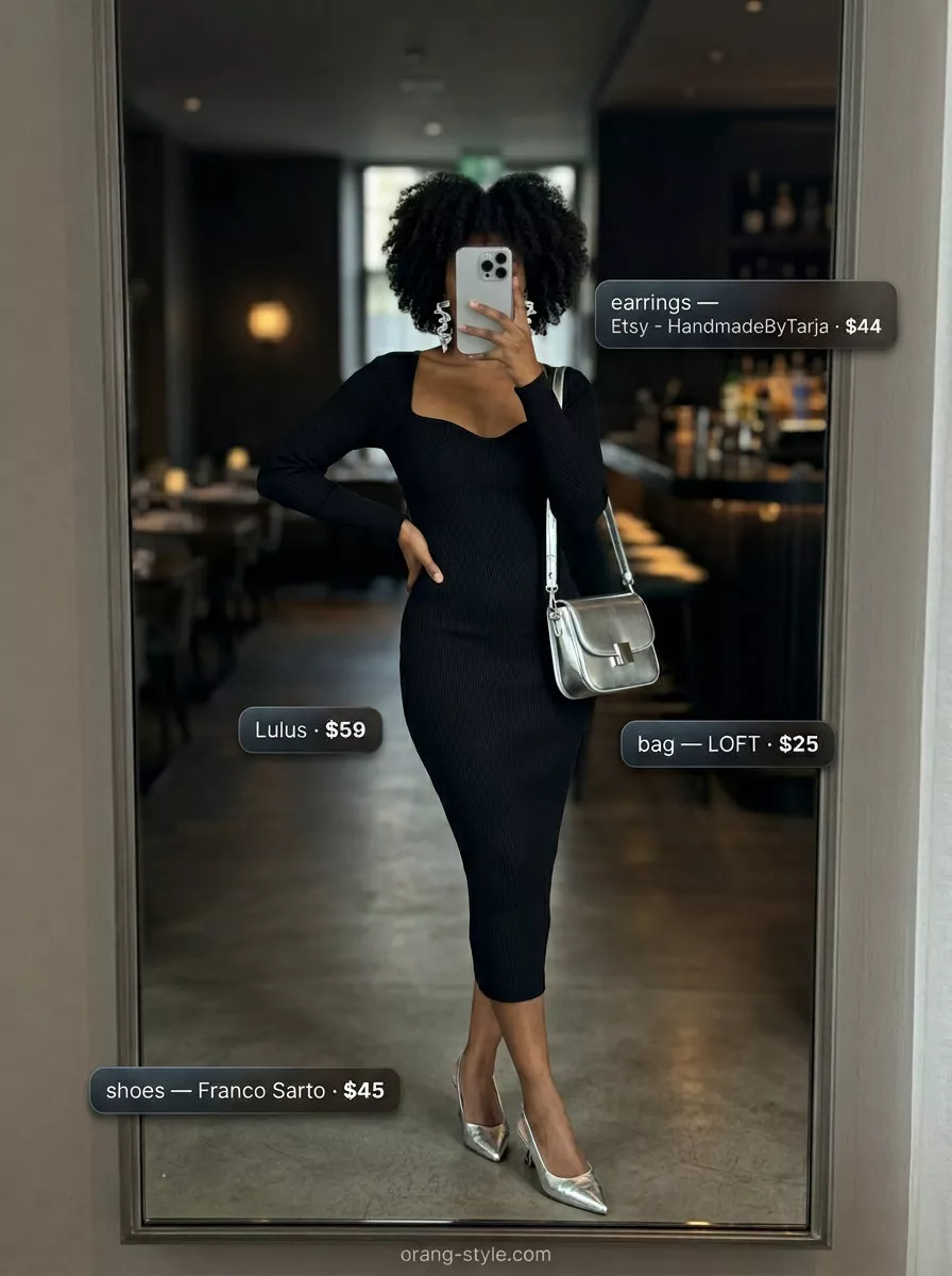 Chic black ribbed knit midi dress with silver accessories for summer 2026 dinner outfits.