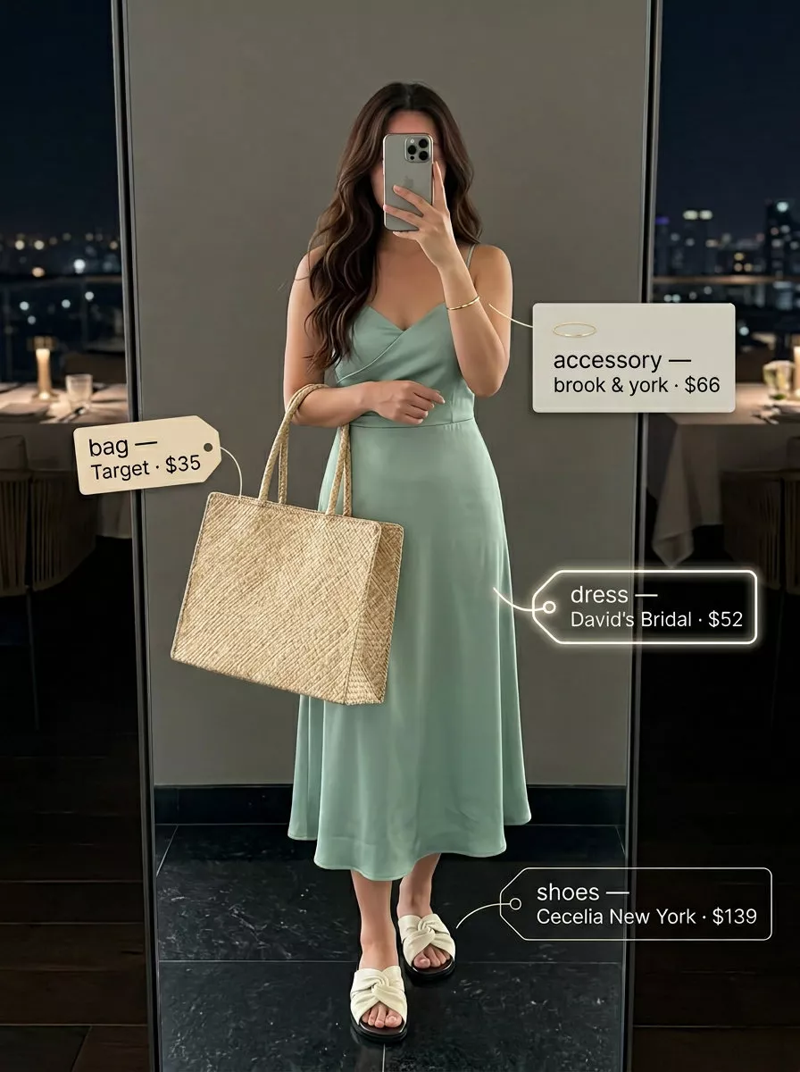 Relaxed seafoam green satin midi slip dress for summer 2026 seaside dinner, with flat sandals and straw tote.