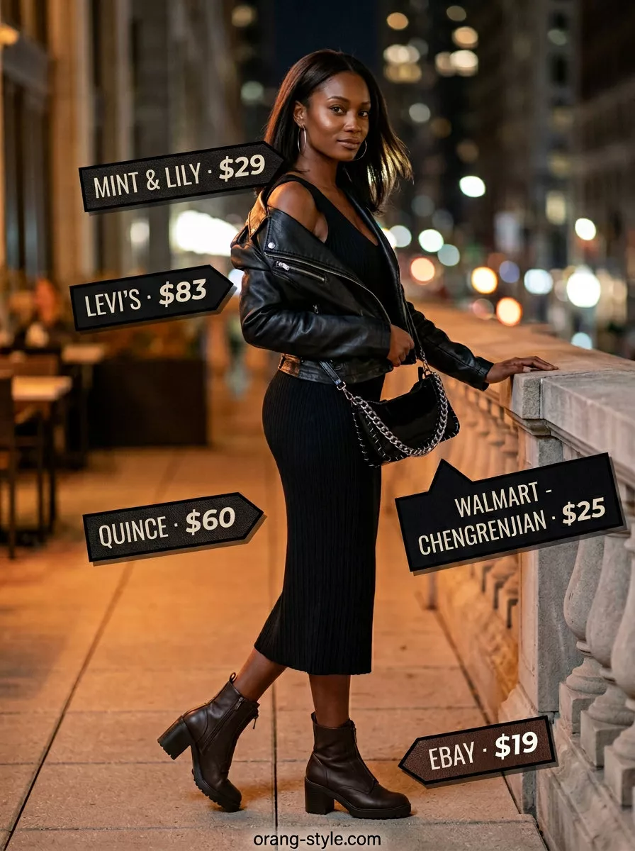 Edgy black ribbed midi dress outfit for summer 2026 dinner, with moto jacket, combat boots, and silver accessories.