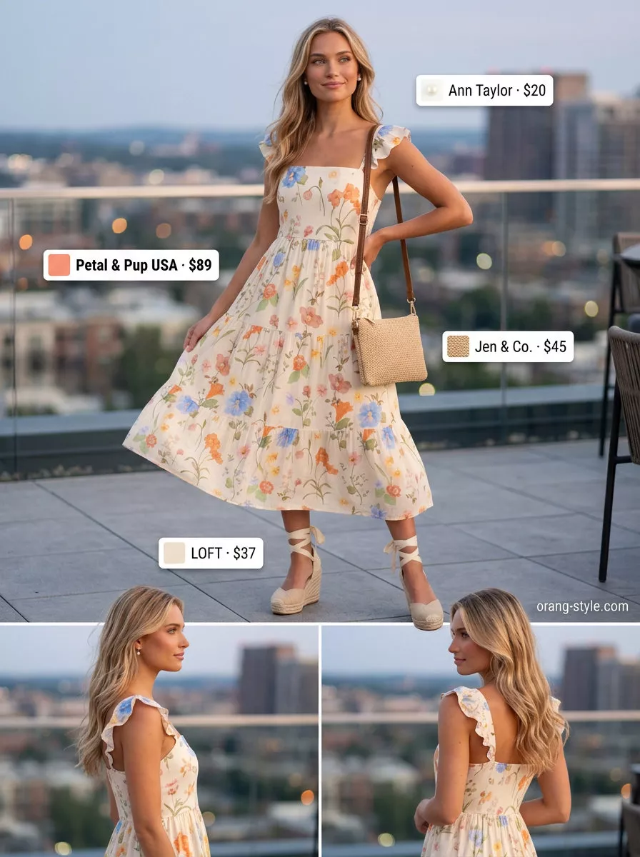 Pastel floral midi dress for a garden party summer outfit 2026. Feminine with espadrilles and pearl earrings.