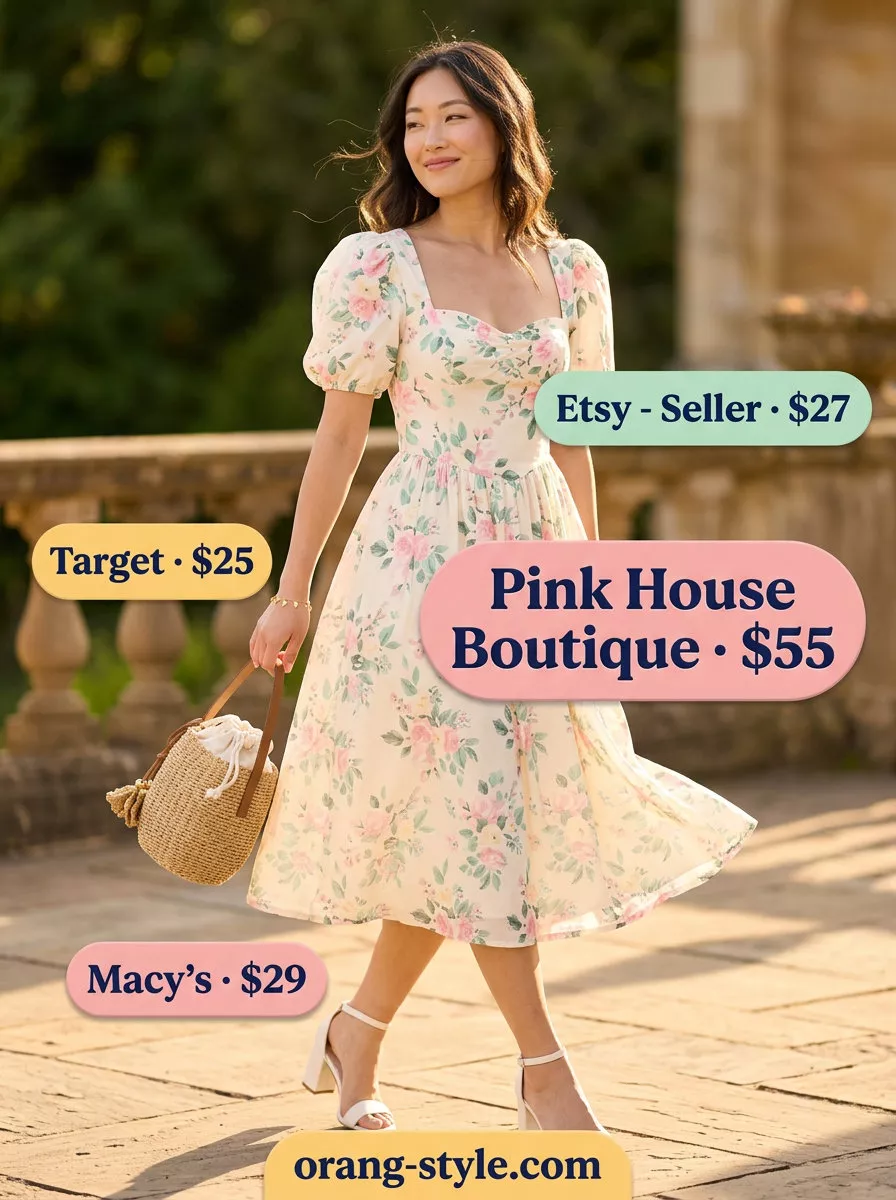 Feminine pastel floral midi dress for summer 2026 garden party, with block heels and straw bucket bag.