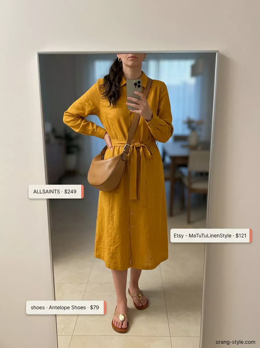 Relaxed mustard yellow linen midi shirt dress for summer 2026 casual dinner, with flat sandals and crossbody bag.