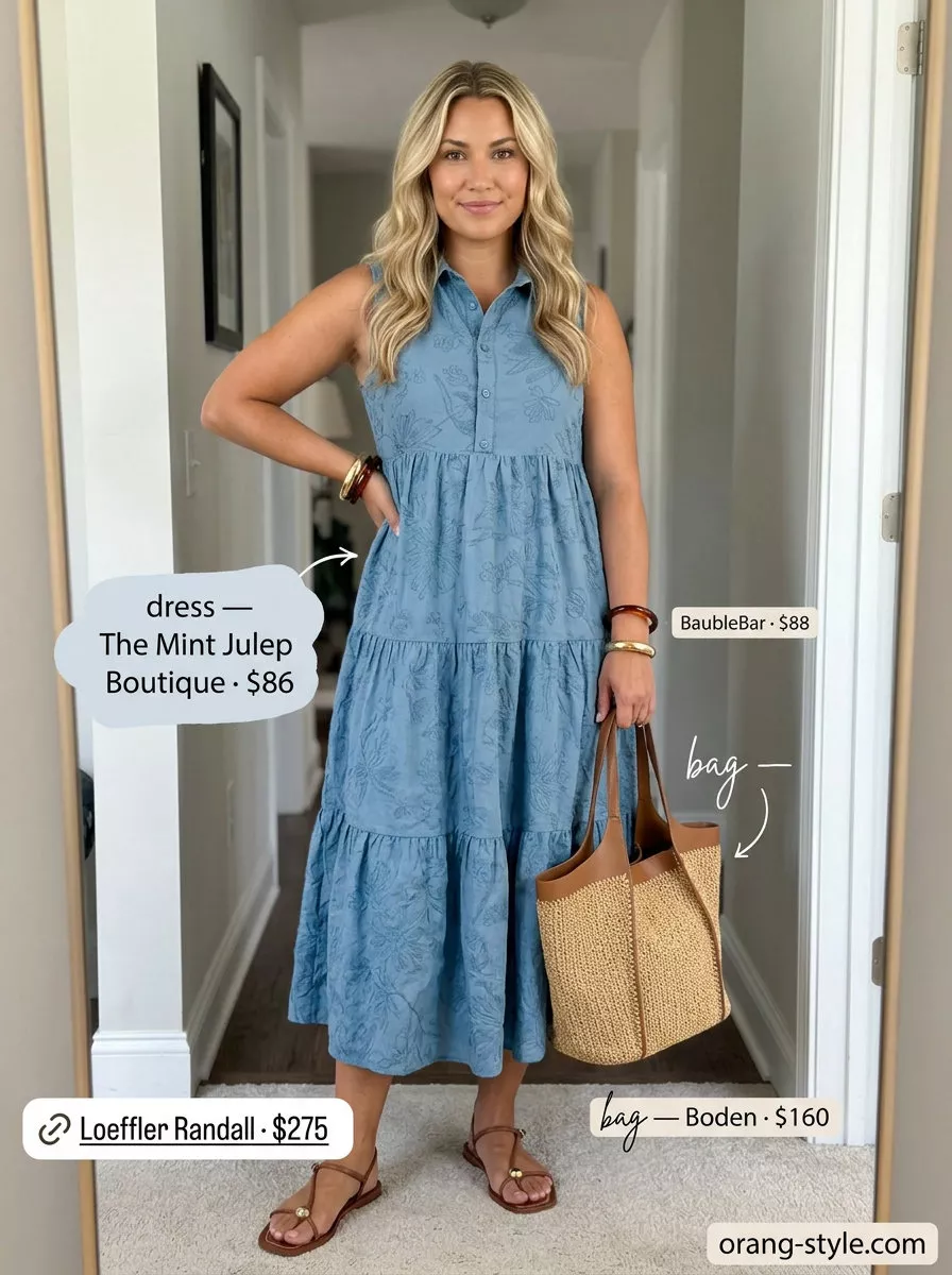 Effortless sky blue midi dress for Mediterranean summer 2026 dinner, with tan sandals and straw tote.