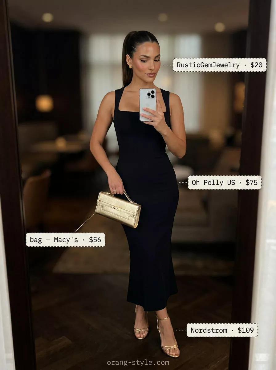 Chic black midi dress with gold heels and accessories for summer 2026 dinner.