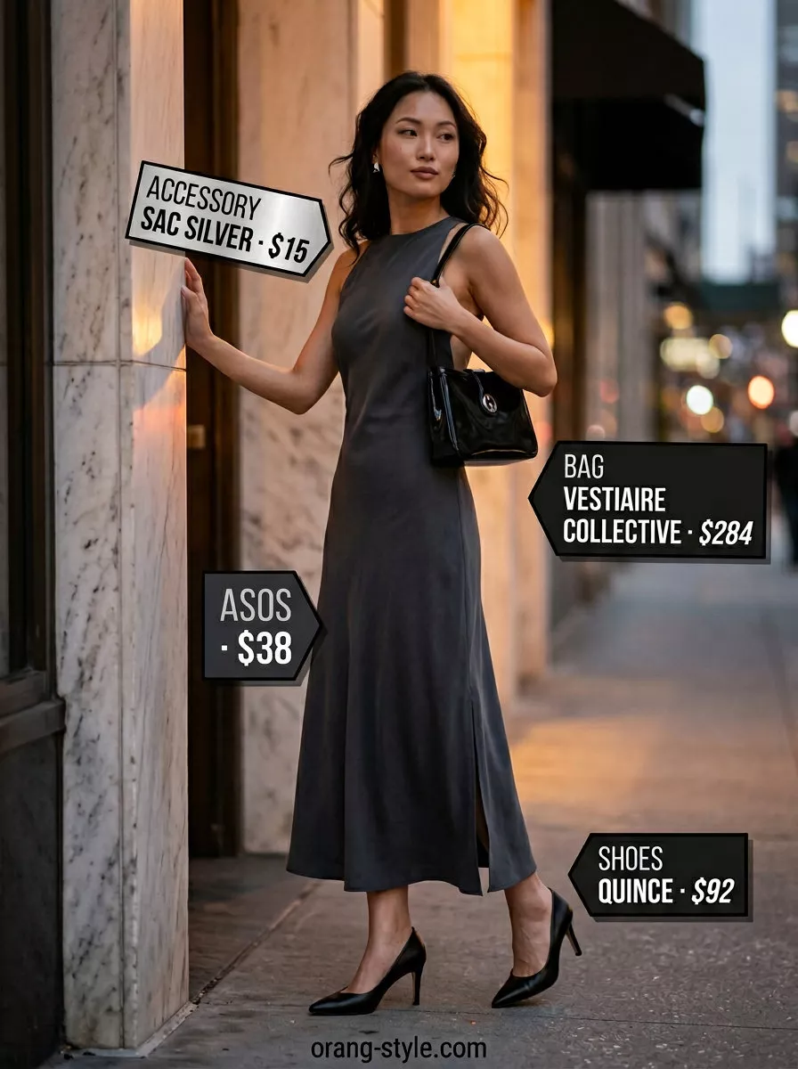 Minimalist charcoal grey midi dress with silver accents for summer 2026 dinner.