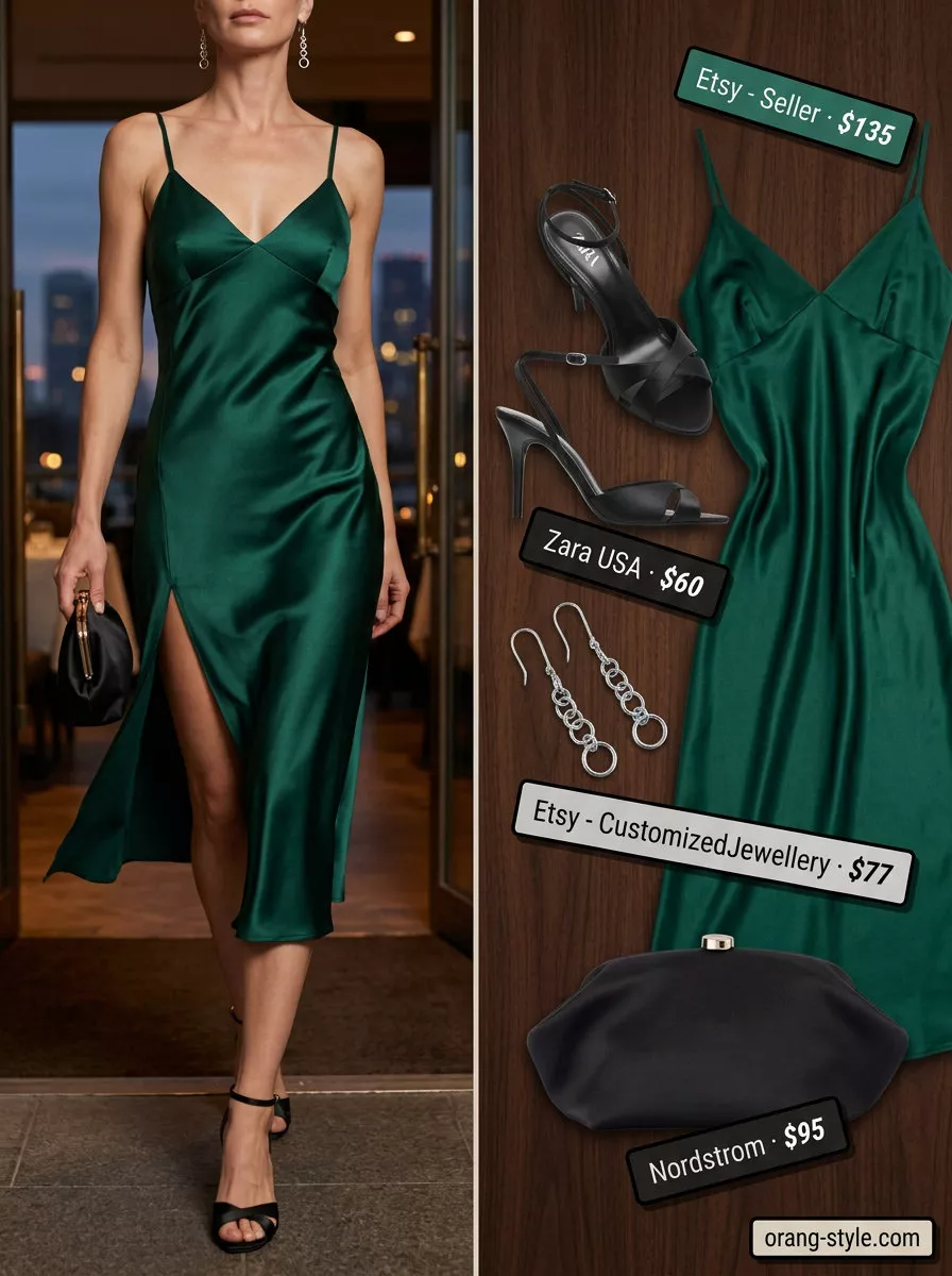Elegant emerald green slip midi dress with silver and black for summer 2026 dinner.