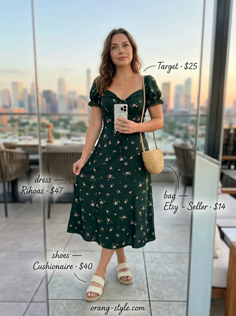 Romantic floral midi dress with espadrilles for summer 2026 garden party dinner.