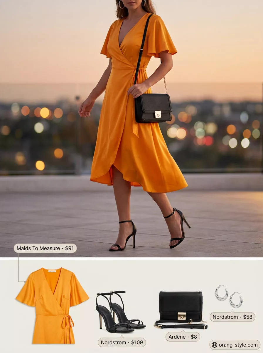 Vibrant mango orange wrap midi dress with gold and black for summer 2026 dinner.