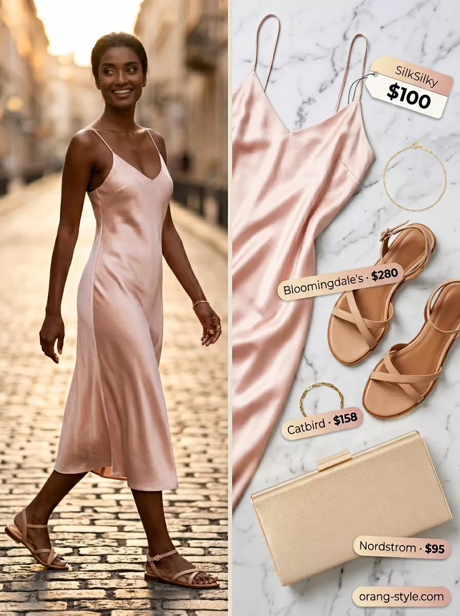 Romantic blush pink slip midi dress with gold accents for summer 2026 dinner.