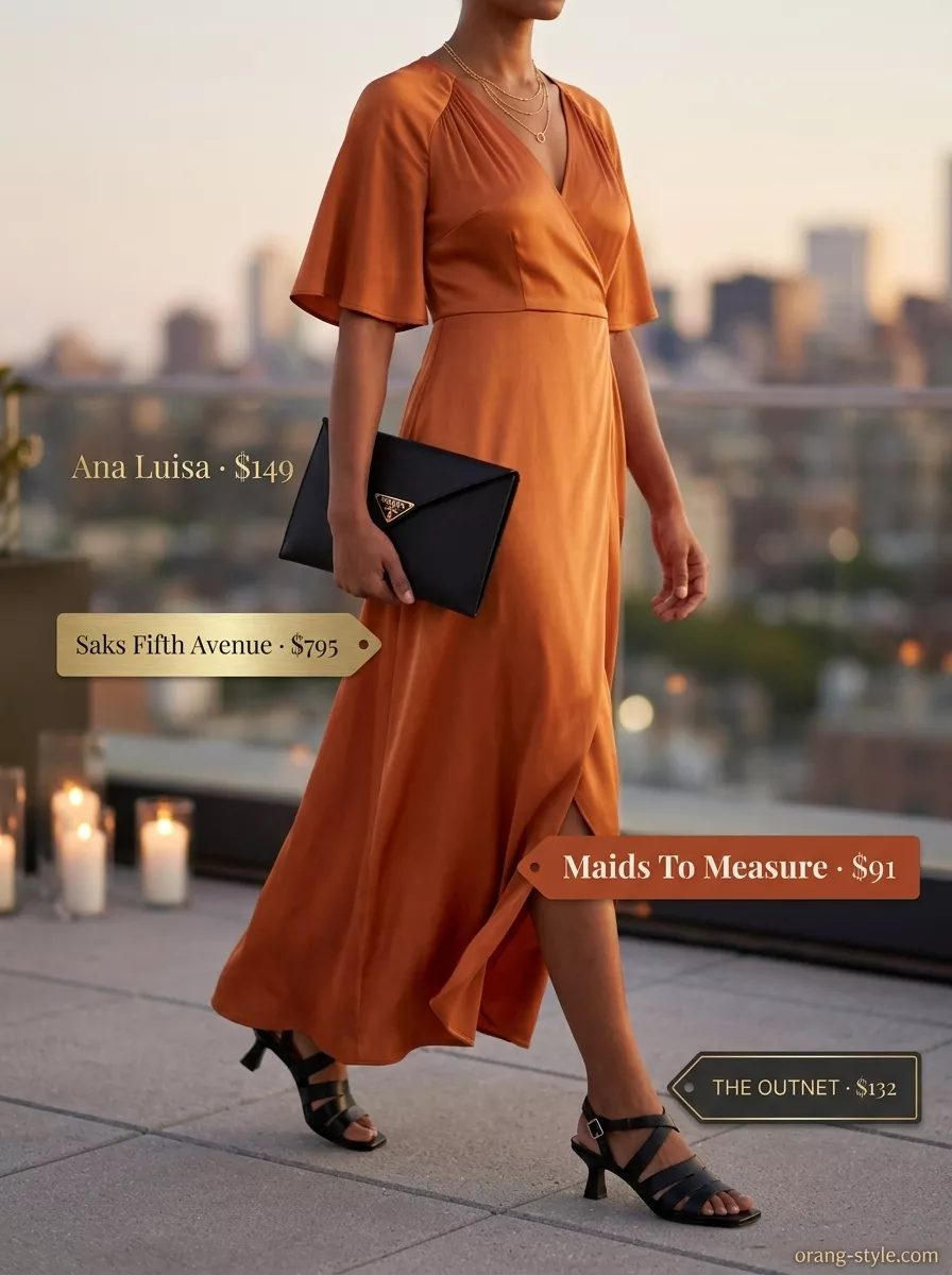 Vibrant mango orange midi wrap dress for summer 2026 rooftop dinner, with black heels and gold necklaces.