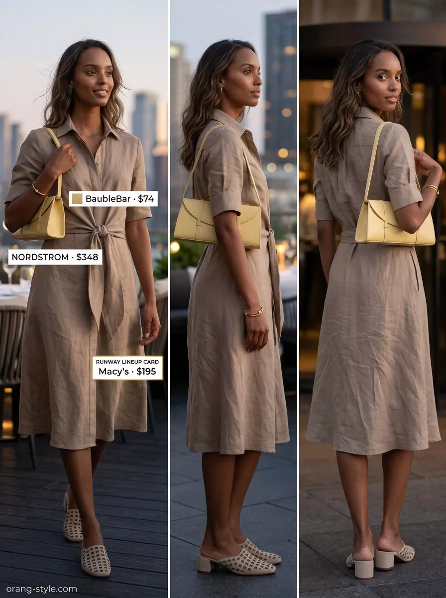 Monochromatic taupe linen shirt dress for a minimalist summer dinner outfit 2026. Chic with mules and leather bag.