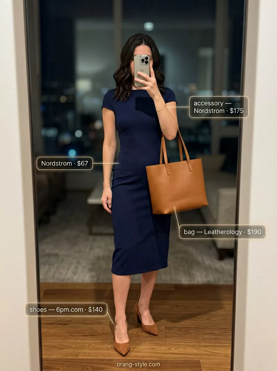 Sophisticated navy blue midi dress outfit for upscale summer 2026 dinner, with tan heels and structured tote.