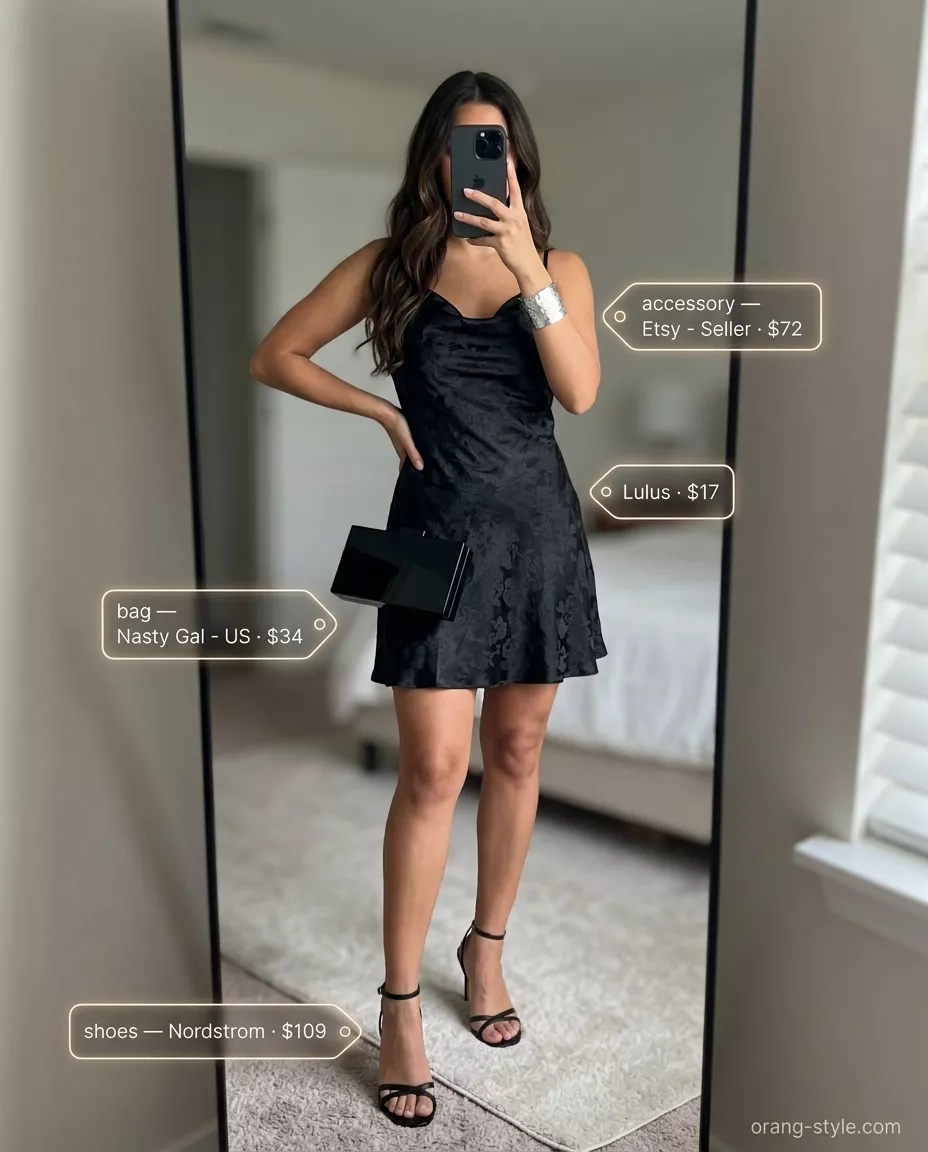 Black satin slip midi dress with silver cuff and clutch for dressy summer blazer outfits for women 2026.