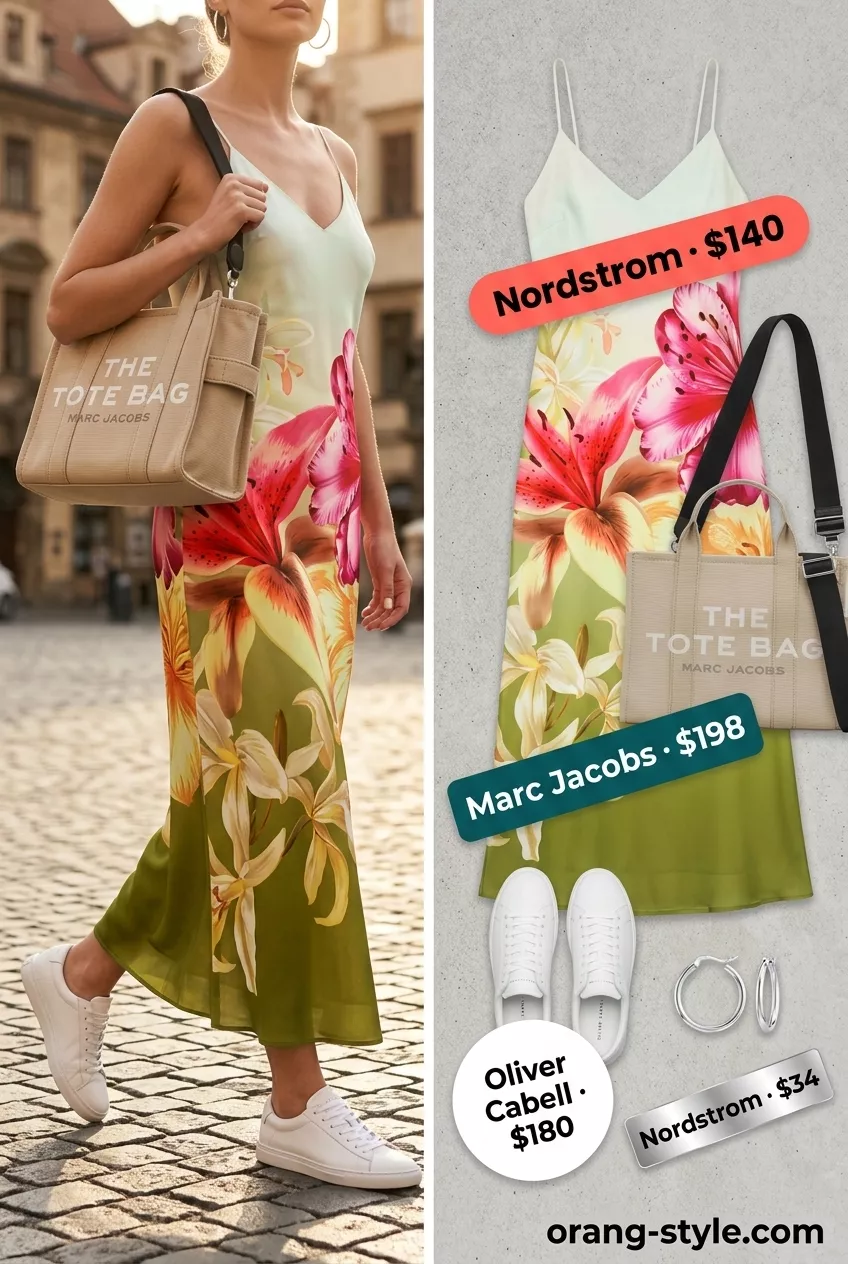 Floral slip midi dress with white sneakers and canvas tote for dressy summer blazer outfits for women 2026.