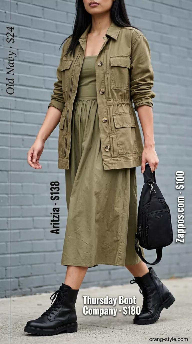Khaki utility jacket with black boots and crossbody bag for dressy summer blazer outfits for women 2026.