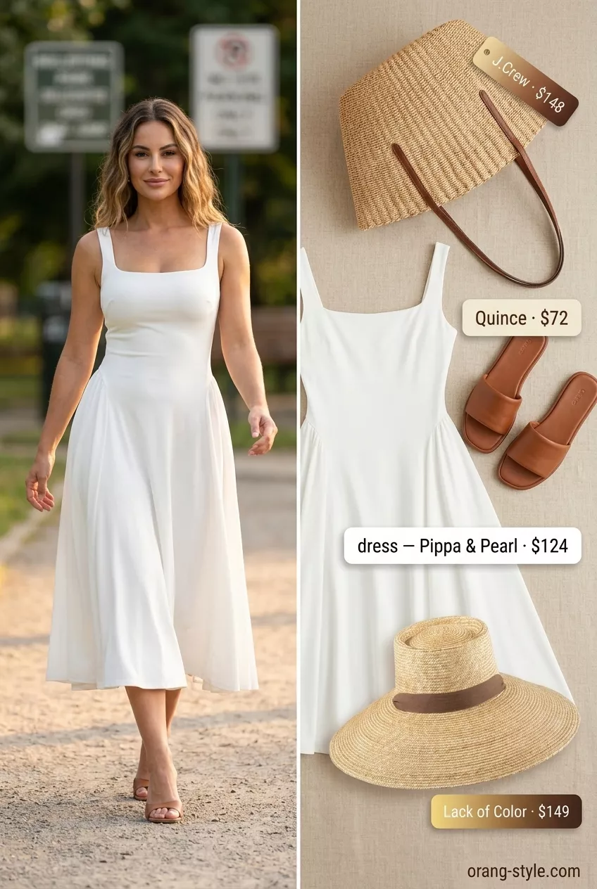 Beige linen blazer with white midi dress, straw hat, and tote for dressy summer blazer outfits for women 2026.