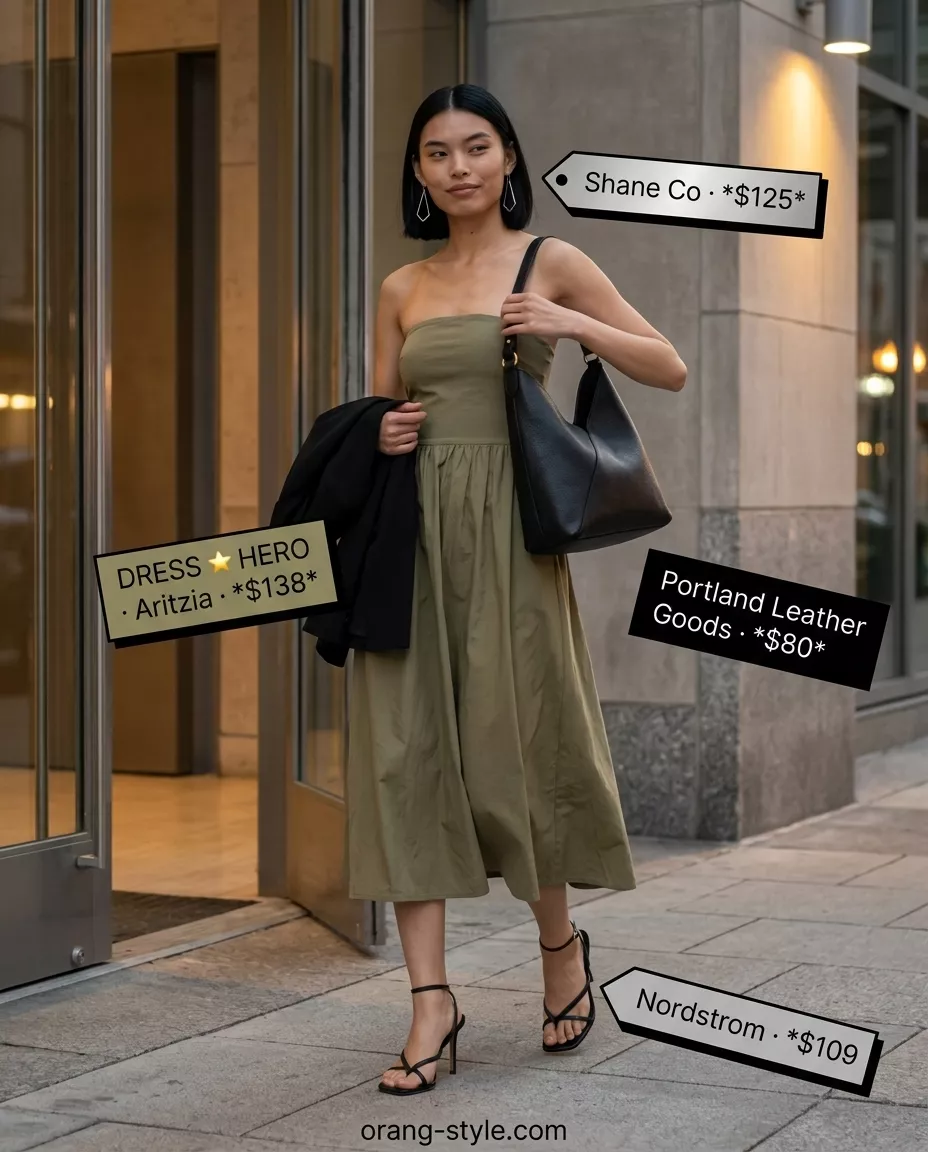 Dressy summer blazer outfits for women 2026: Black midi dress with silver earrings for a dinner date.