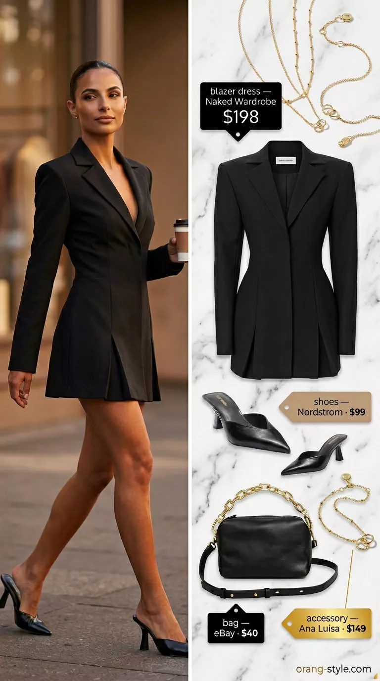 Dressy summer blazer outfits for women 2026: Black blazer dress with gold necklaces for city events.