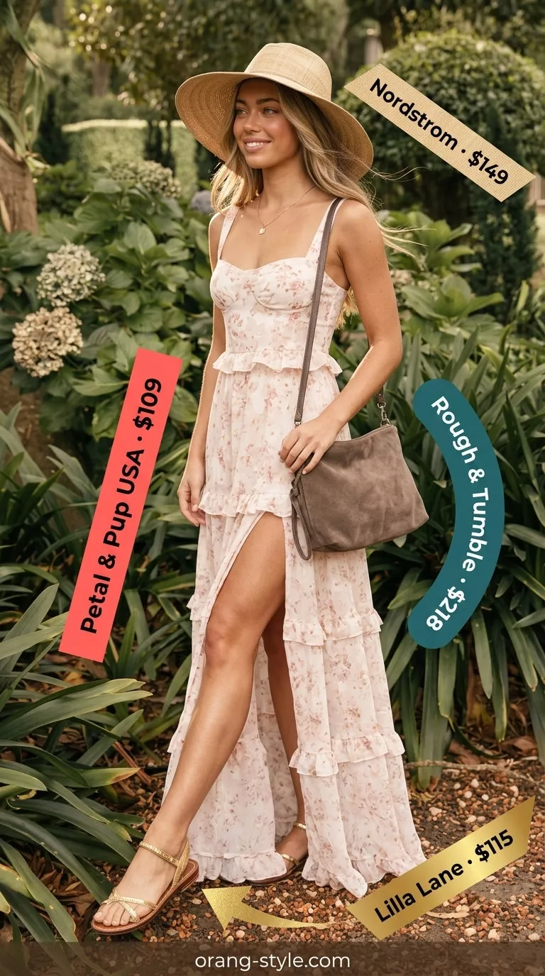 Dusty rose floral maxi dress with suede crossbody and wide brim hat for dressy summer blazer outfits for women 2026.