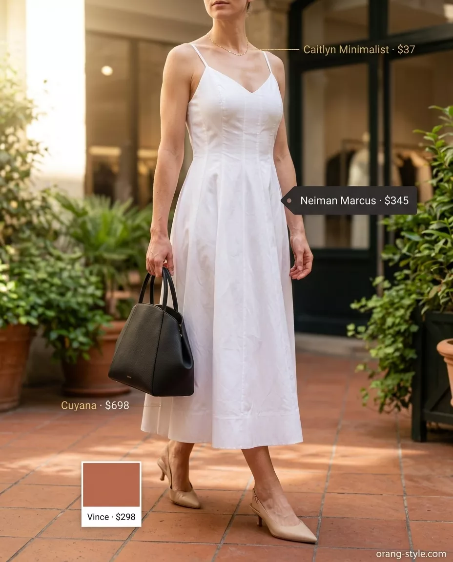 Navy blazer over white sheath dress with kitten heels and leather satchel for dressy summer blazer outfits for women 2026.