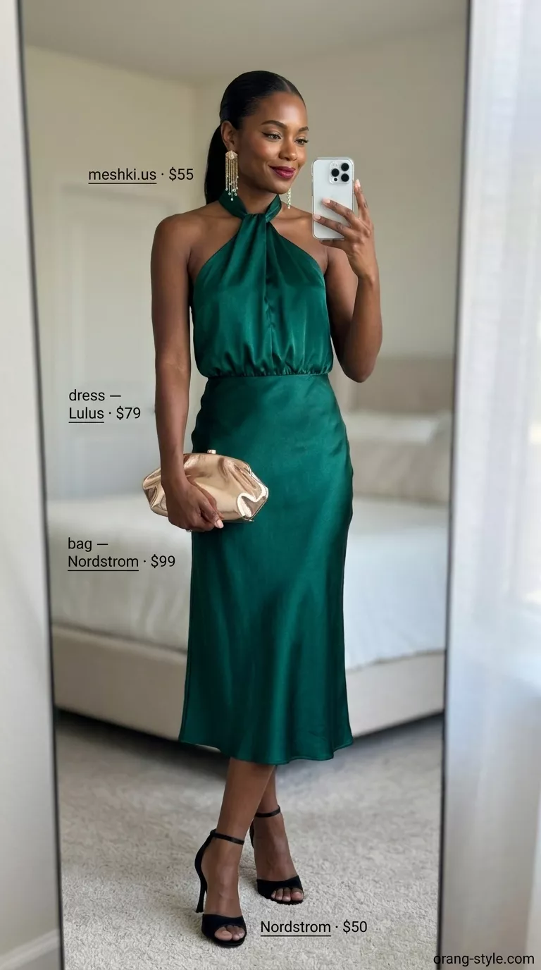Emerald green silk midi dress with strappy heels and gold clutch for dressy summer blazer outfits for women 2026.