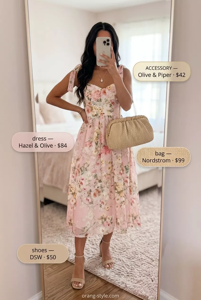 Rose pink floral midi dress with block heels and straw clutch for dressy summer blazer outfits for women 2026.