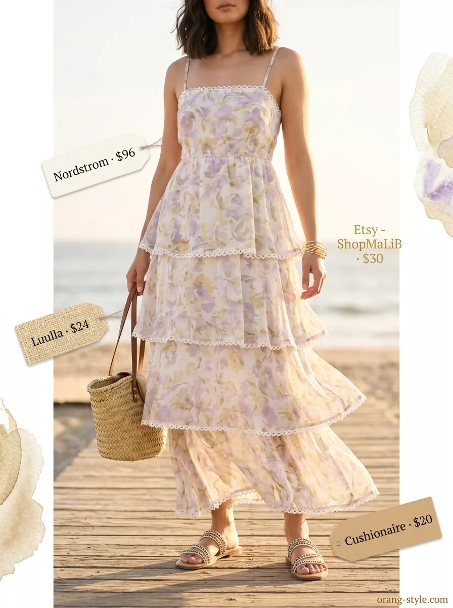 Dressy summer blazer outfits for women 2026: Ivory maxi dress with straw bag for beachside evenings.