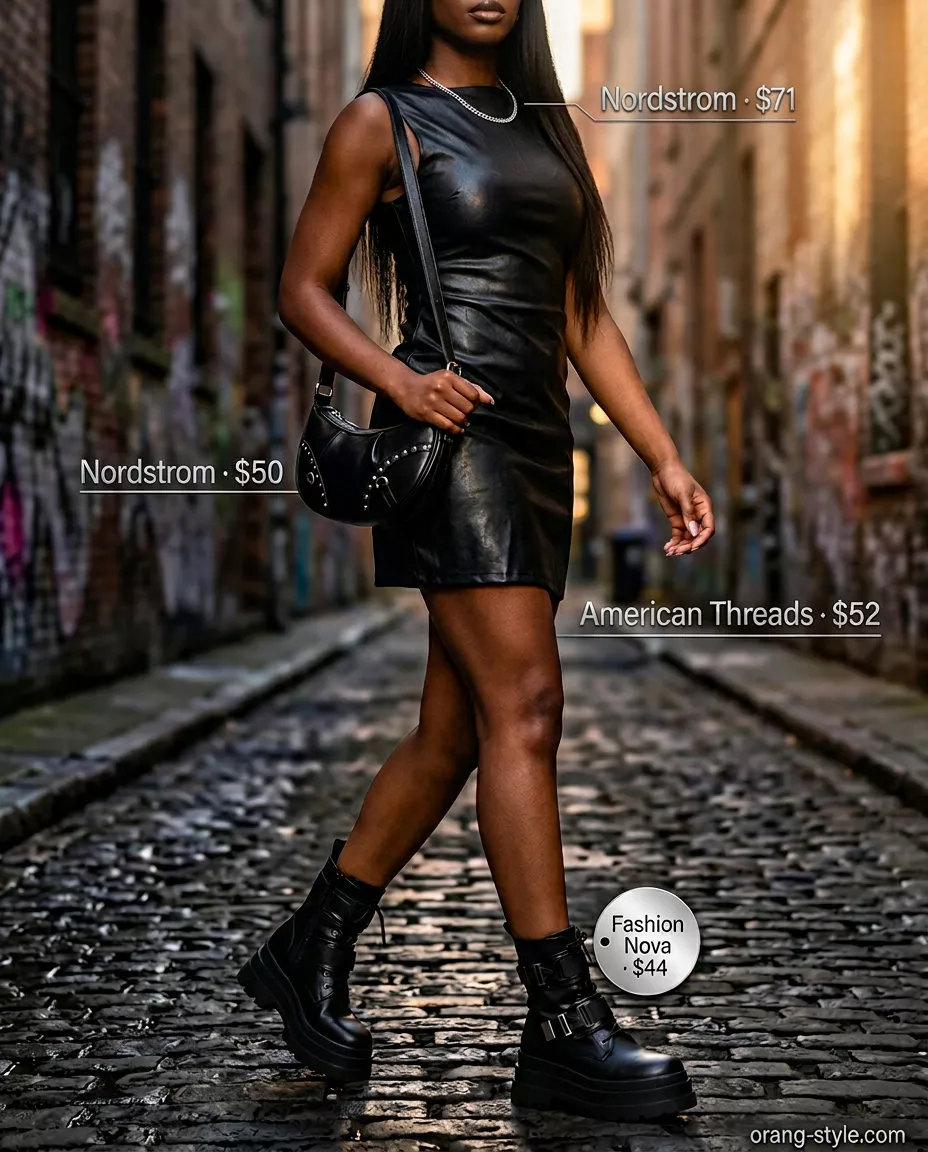 Dressy summer blazer outfits for women 2026: Black leather dress with combat boots for a night out.