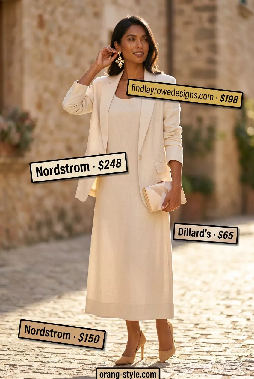 Beige linen dress with suede stilettos and cream clutch for dressy summer blazer outfits for women 2026.