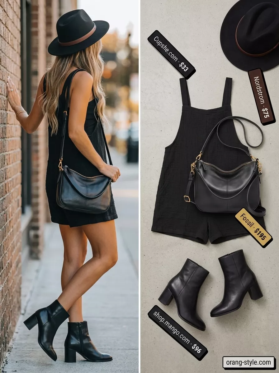 Mustard yellow romper outfit for dressy summer occasions 2026. Cozy autumnal layers with fedora.