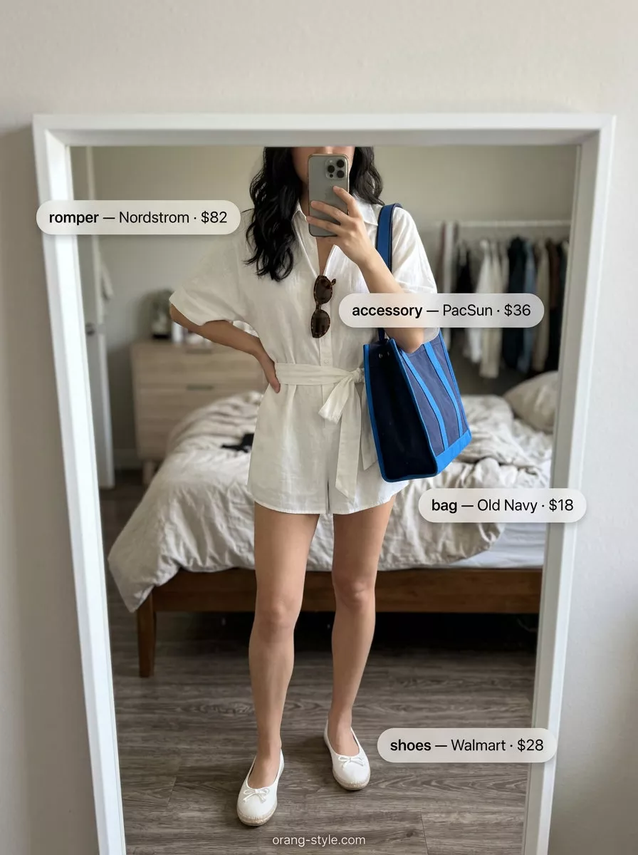 Coastal getaway outfit with white linen romper, navy tote, and espadrilles. Dressy summer romper outfits 2026.