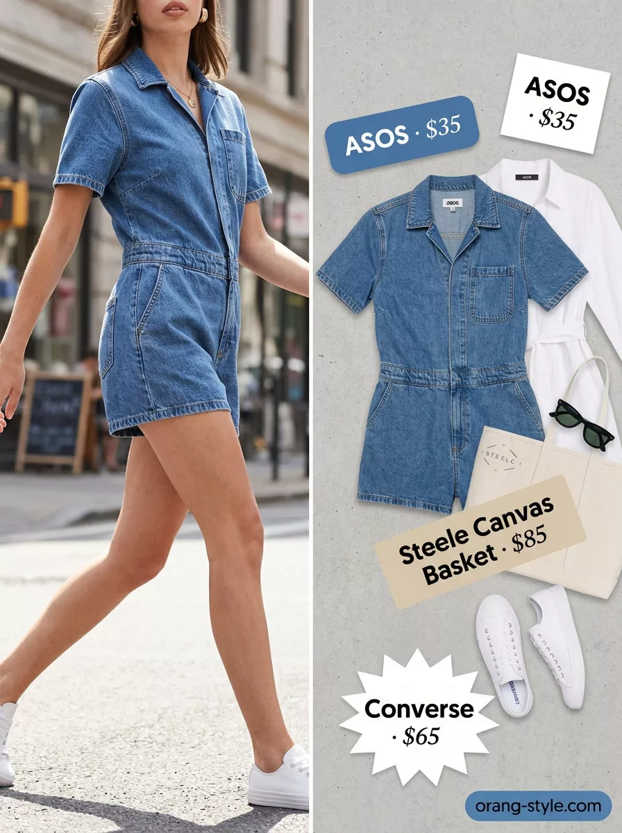 Denim romper outfit for casual outings in 2026. Features blue denim romper, white shirt, sneakers, and tote.