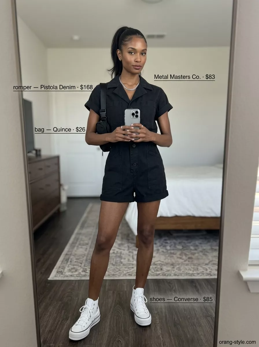 Black denim romper outfit for concerts in 2026. Edgy, cool look with platform sneakers and belt bag.