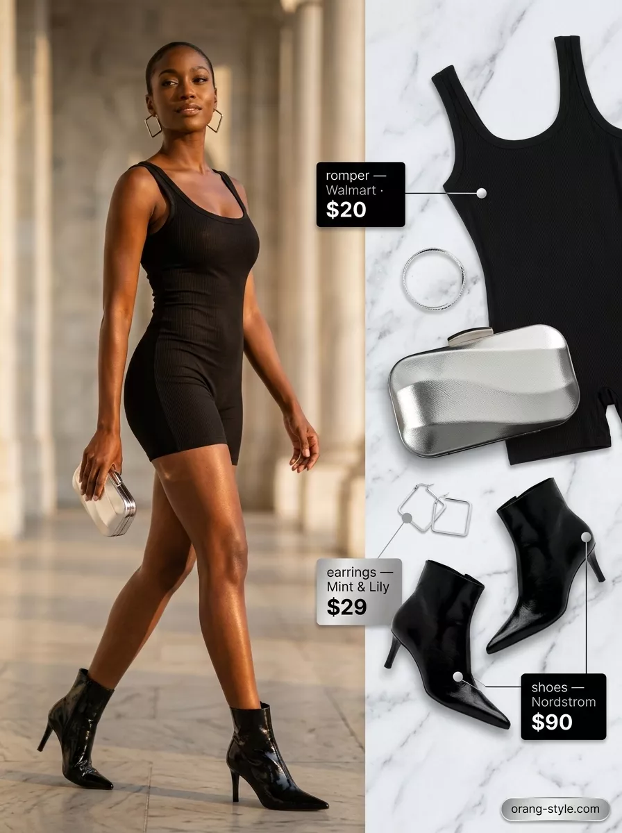 Black romper outfit for dressy summer occasions 2026. Edgy cocktail look with stiletto boots & clutch.