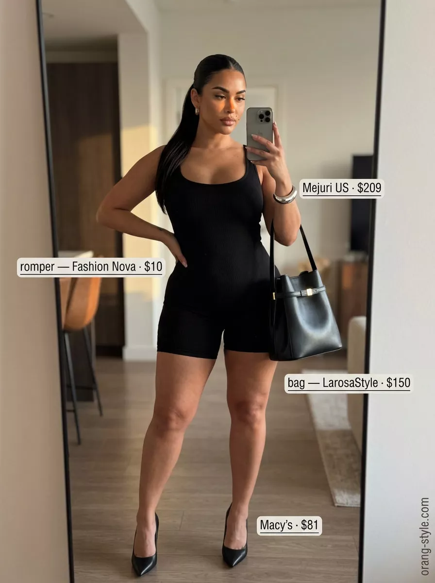 Modern minimalist black romper outfit with stiletto heels and structured tote. Dressy summer romper outfits 2026.