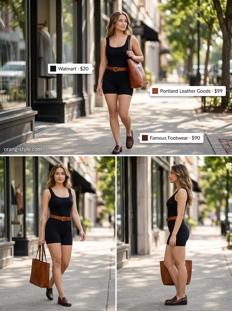 Navy romper outfit for dressy summer occasions 2026. Smart casual look with brown loafers & structured tote.