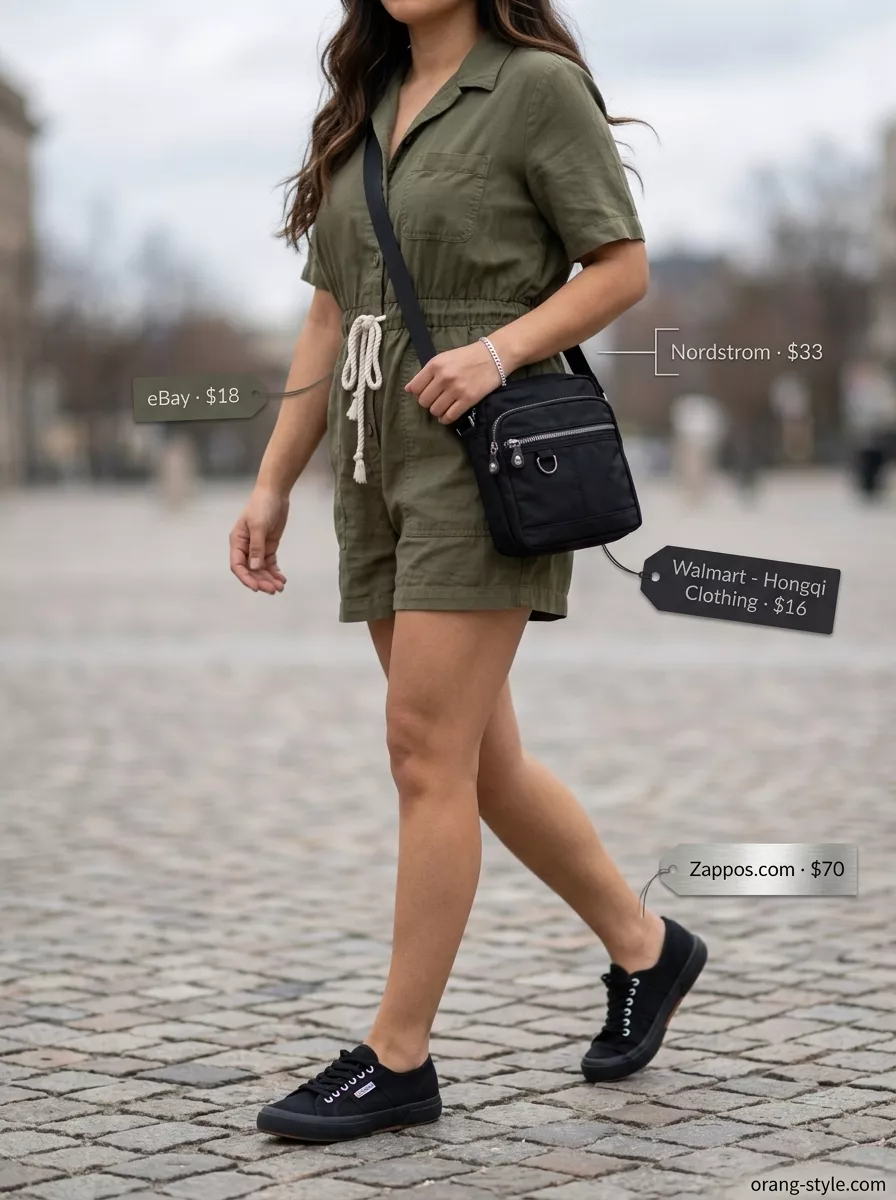 Olive green utility romper outfit for dressy summer occasions 2026. Urban explorer style with sneakers.