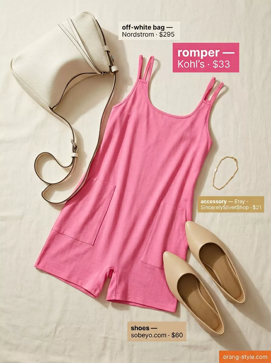 Blush pink romper outfit for dressy summer occasions 2026. Chic brunch look with ballet flats.