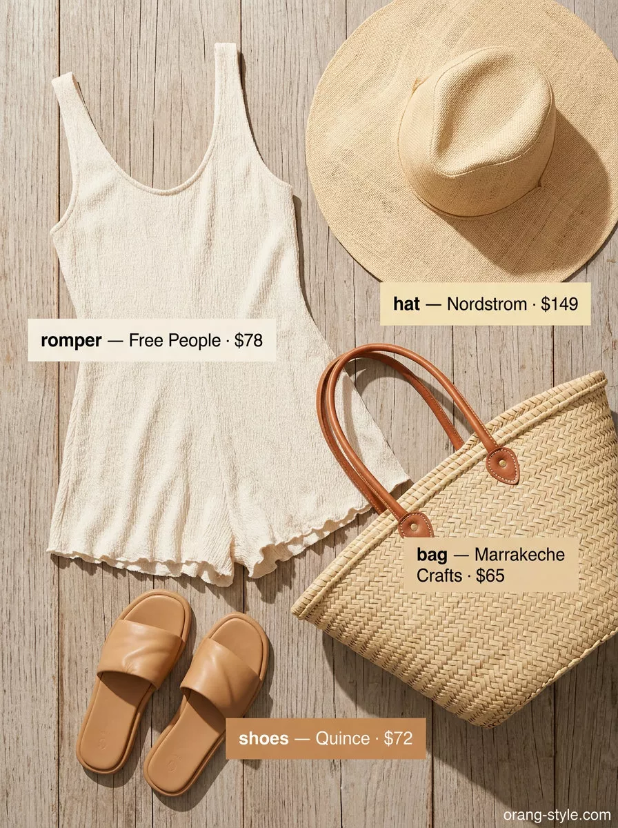 White romper outfit for beach evenings in 2026. Relaxed, airy look with leather slides and straw hat.