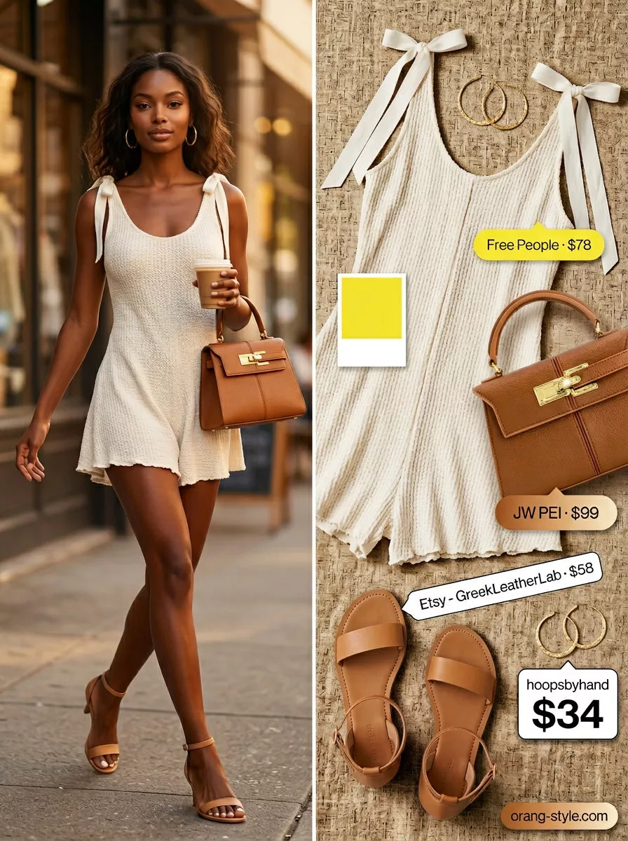 Yellow romper outfit for garden parties in 2026. Feminine, playful look with strappy sandals and top-handle bag.