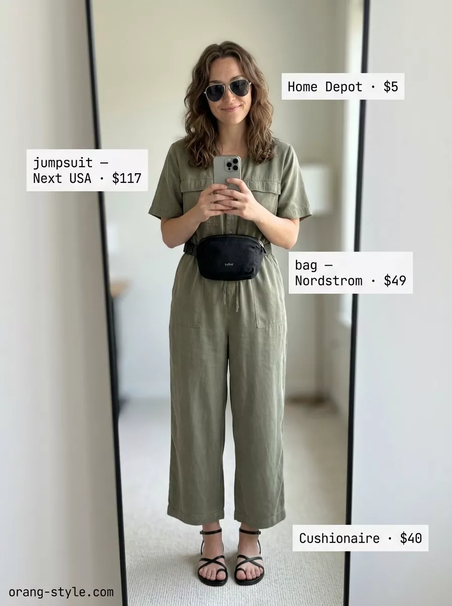 City Park Romper Outfit 2026 City park romper outfit: Khaki utility romper, chunky sandals & belt bag. Easy date outfits summer for women 2026.
