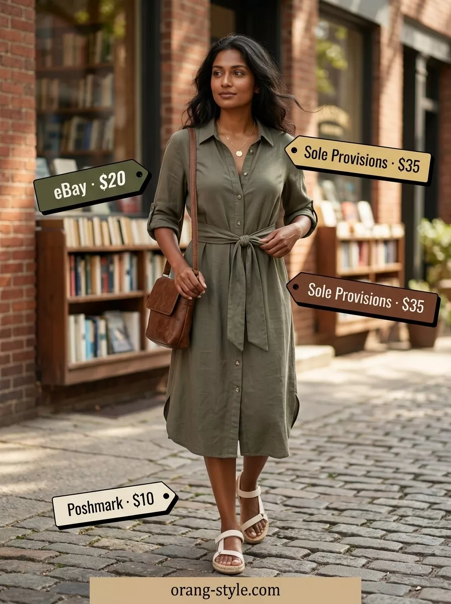 Olive Green Shirt Dress Outfit 2026 Olive green shirt dress outfit: Tie waist, espadrilles & crossbody bag. Easy date outfits summer for women 2026.
