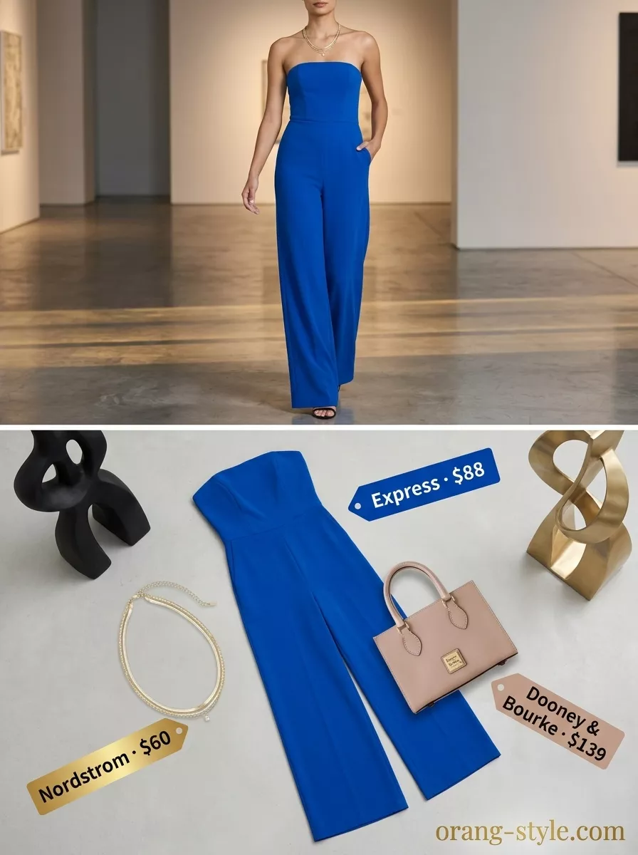 Easy Date Outfits Summer 2026: Cobalt Jumpsuit Easy date outfits summer for women 2026: Cobalt blue jumpsuit for a cocktail party or upscale dinner.