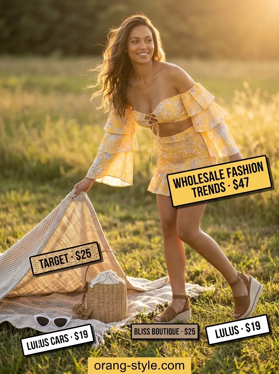 Easy Date Outfits Summer 2026: Floral Picnic Set Easy date outfits summer for women 2026: Yellow floral set for a sunflower field picnic.