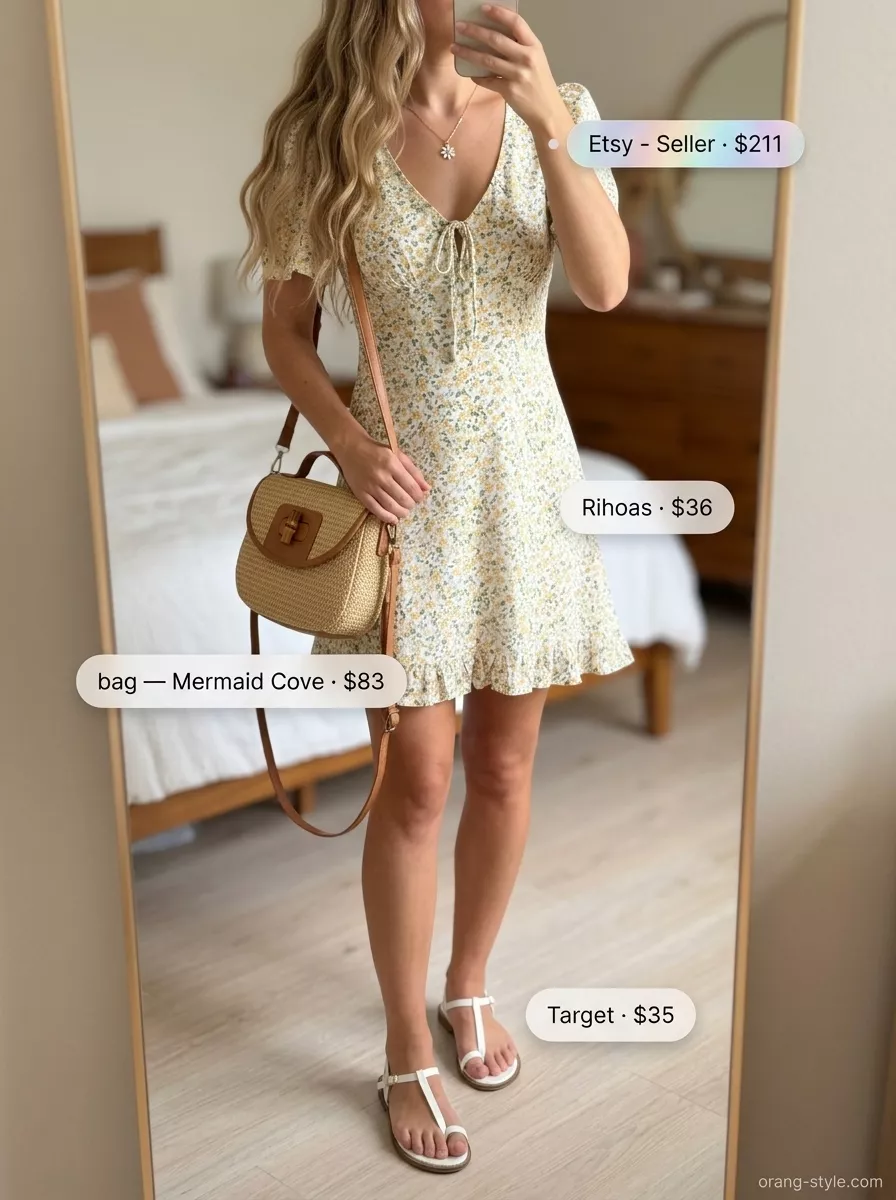 Easy Date Outfits Summer 2026: Floral Sundress Easy date outfits summer for women 2026: Yellow floral sundress for a lakeside picnic.