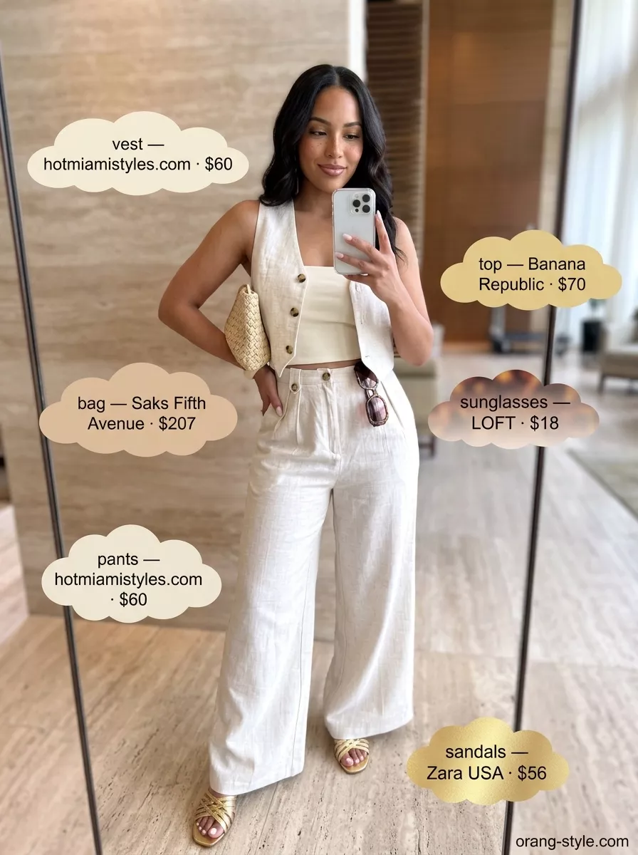 Easy Date Outfits Summer 2026: Linen Set Easy date outfits summer for women 2026: Beige linen matching set for seaside resort romance.